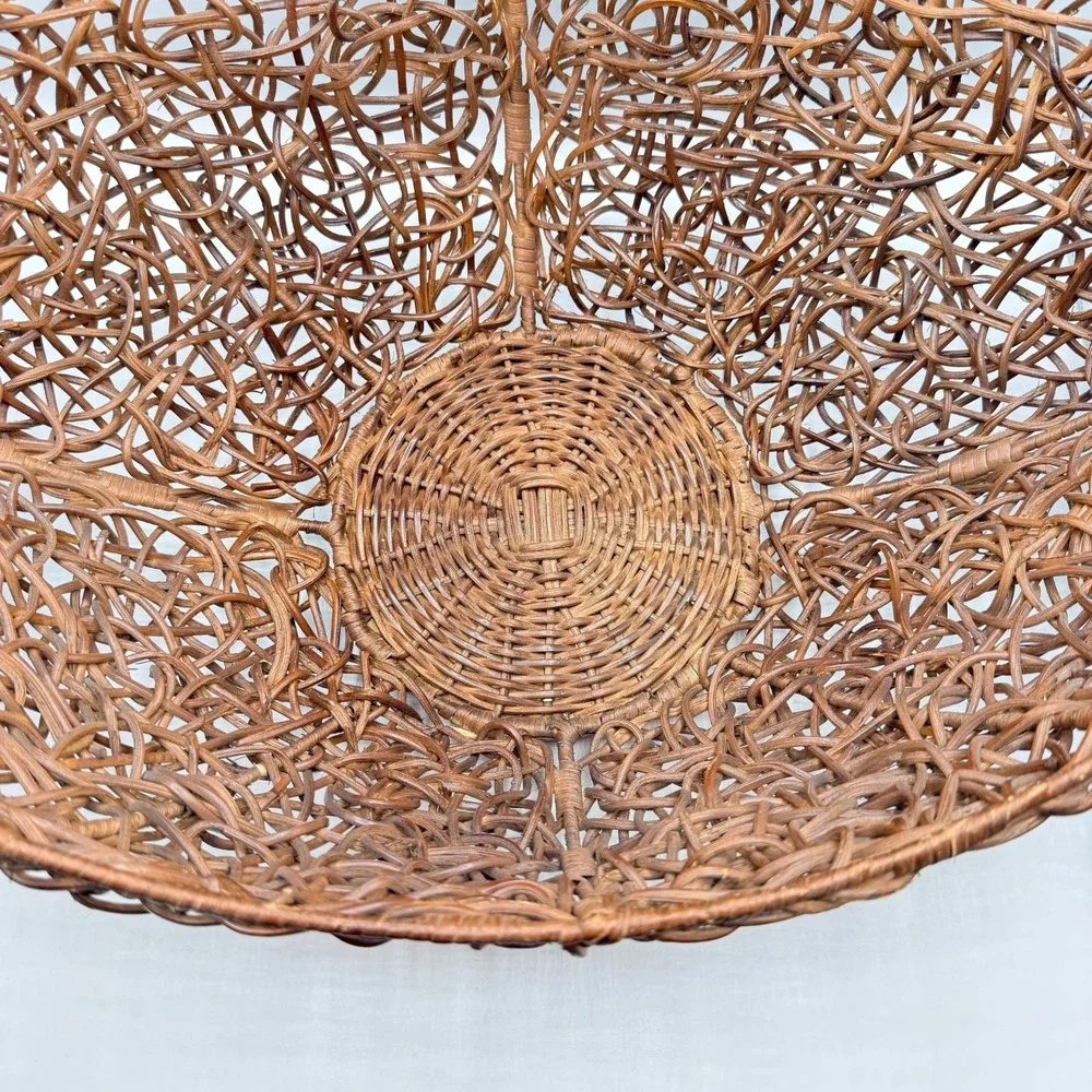 Vintage Sculptural Rattan Basket Bowl Wood Boho Organic Modern Centerpiece Decor